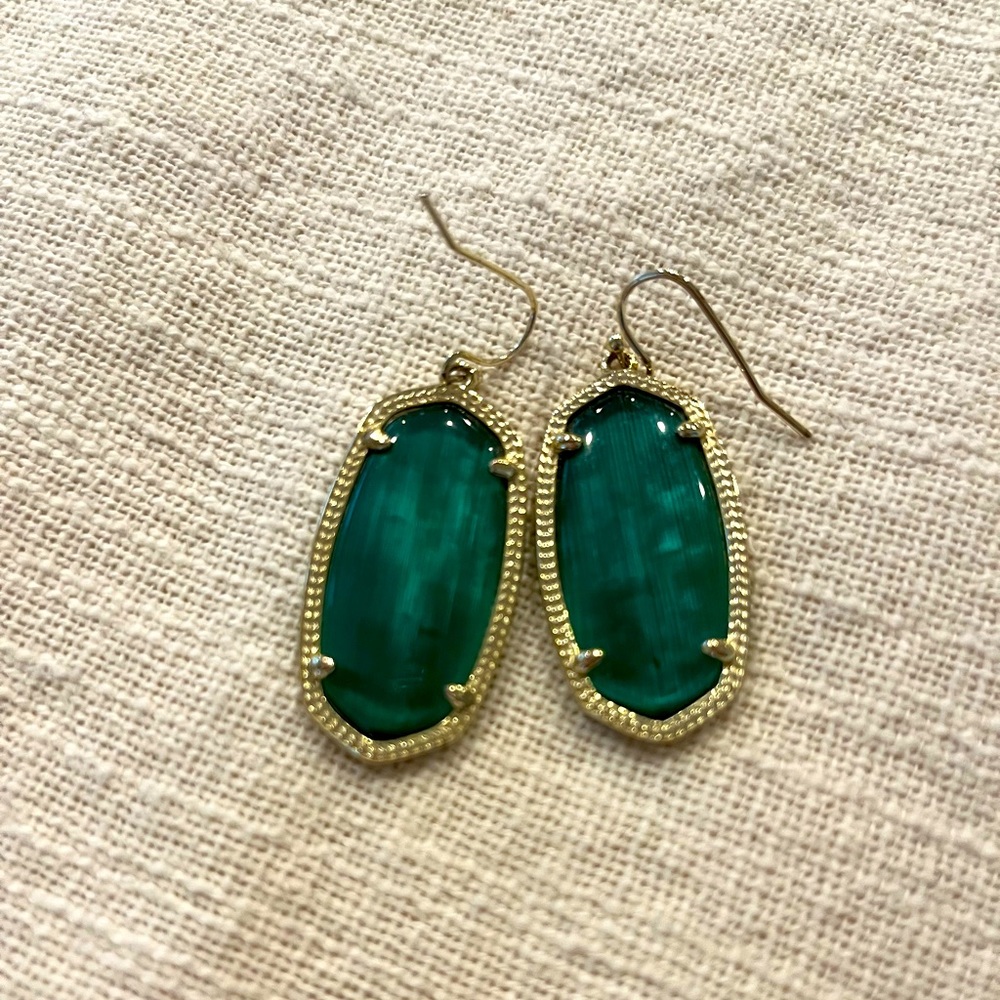 Kendra Scott Gold Drop Earrings - Green Cat’s Eye!